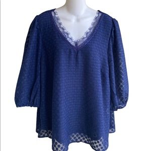 NWT Woman's Retrology 1X Blue Swiss Dot Blouse Top Eyelash Neckline 3/4 Sleeve